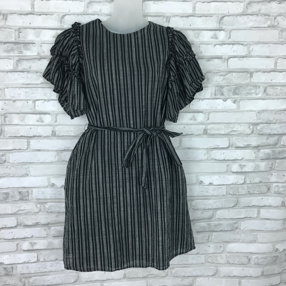 Who What Wear Dress Womens S Black Stripe Belted Ruffle Sleeve Shift Round Neck